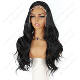 ModeMuse 24 Inch 13×4 HD Lace Front Synthetic Wig – Big Wave, Middle Part, Natural Black, Natural Hairline