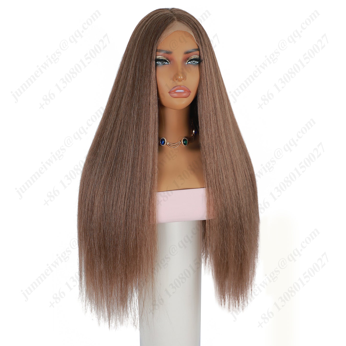 ModeMuse 28 Inch 4×4 HD Lace Front Synthetic Wig – Yaki Straight, Middle Part, Natural Brown, Natural Hairline