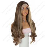 ModeMuse 24 Inch HD Lace Front Synthetic Wig – Long Loose Wave, Middle Part, Golden Brown Blend, Natural Hairline for Events