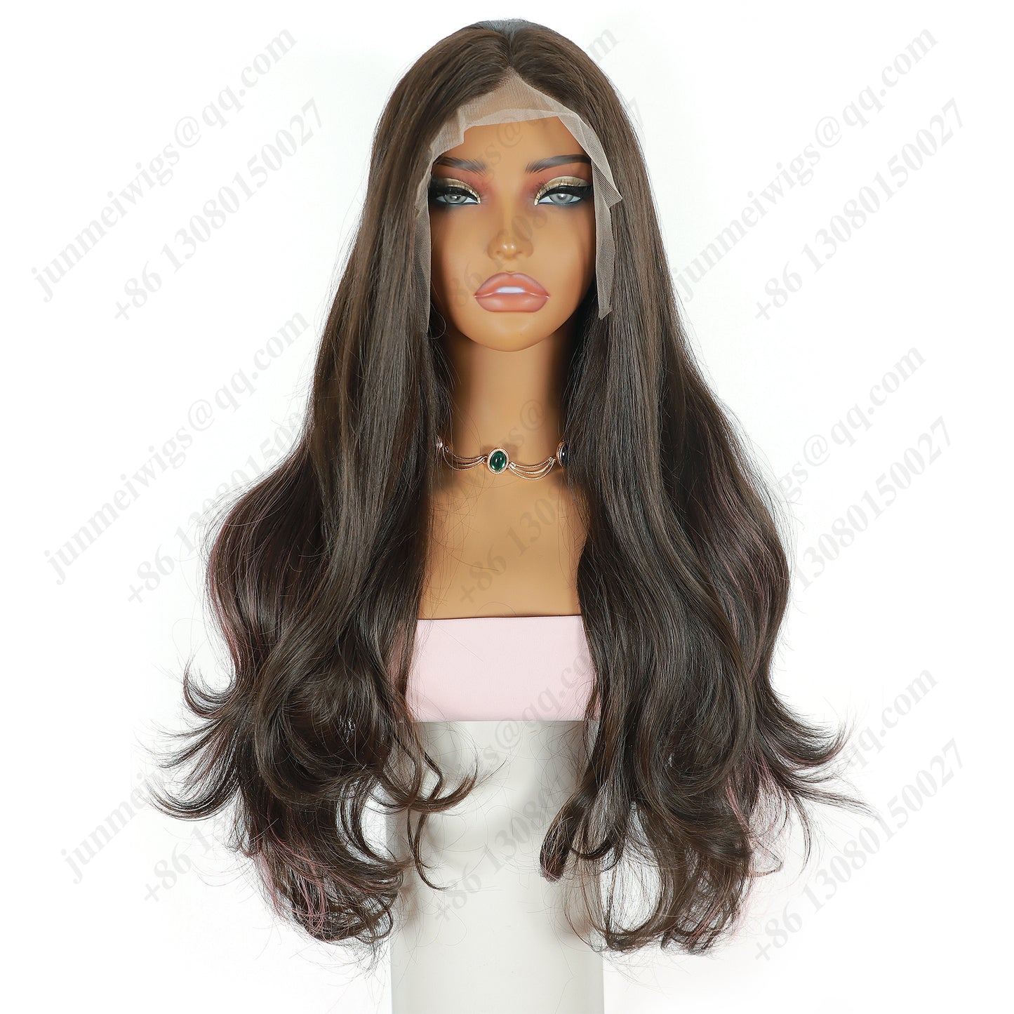 ModeMuse 26 Inch HD Lace Front Synthetic Wig – Long Loose Wave, Middle Part, Dark Brown with Pink Highlights, Natural Hairline for Special Occasions