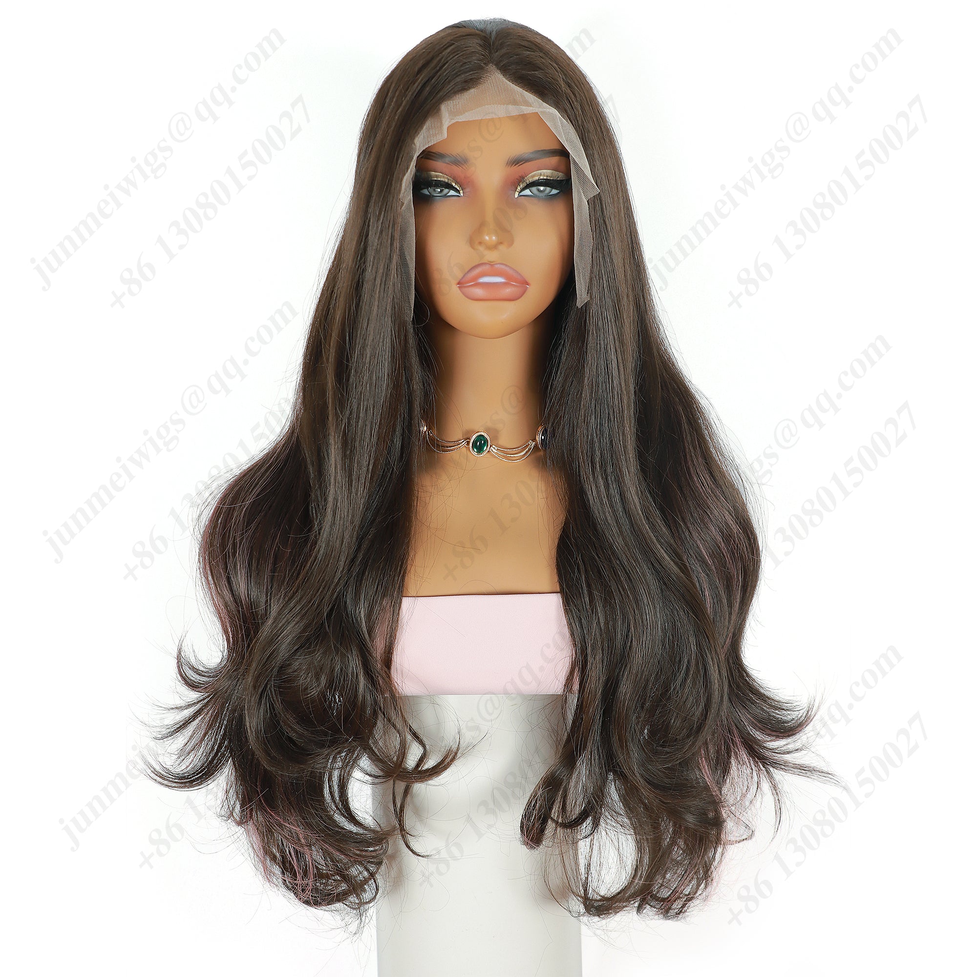 ModeMuse 26 Inch HD Lace Front Synthetic Wig – Long Loose Wave, Middle Part, Dark Brown with Pink Highlights, Natural Hairline for Special Occasions