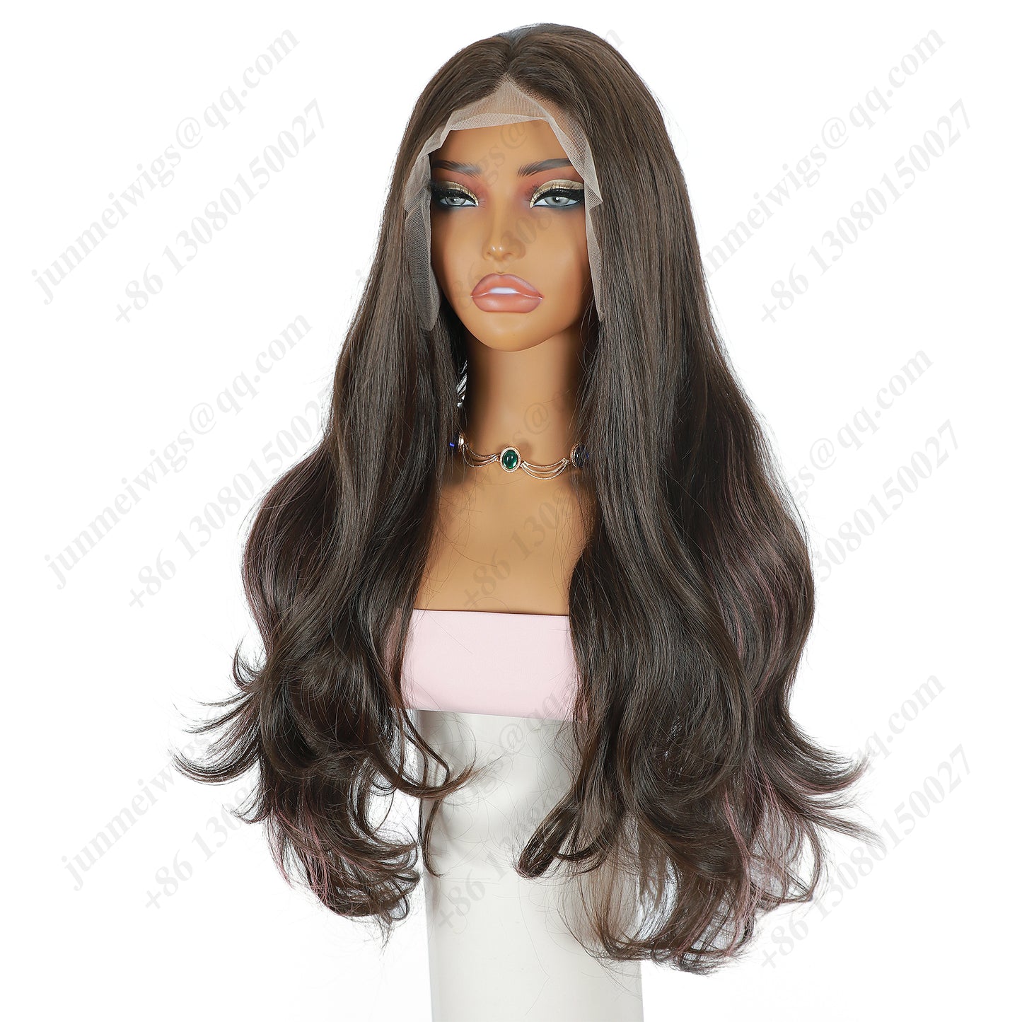 ModeMuse 26 Inch HD Lace Front Synthetic Wig – Long Loose Wave, Middle Part, Dark Brown with Pink Highlights, Natural Hairline for Special Occasions
