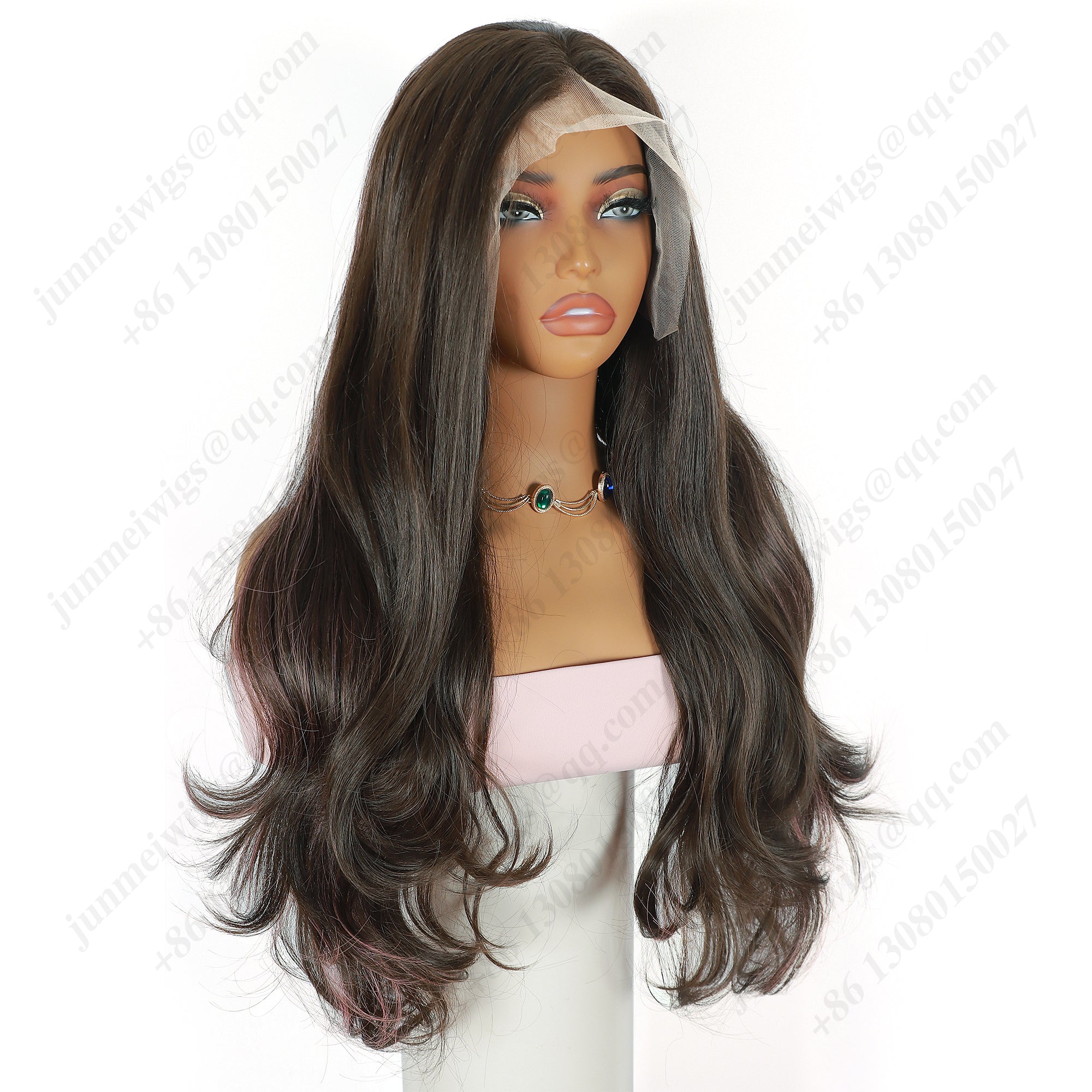 ModeMuse 26 Inch HD Lace Front Synthetic Wig – Long Loose Wave, Middle Part, Dark Brown with Pink Highlights, Natural Hairline for Special Occasions