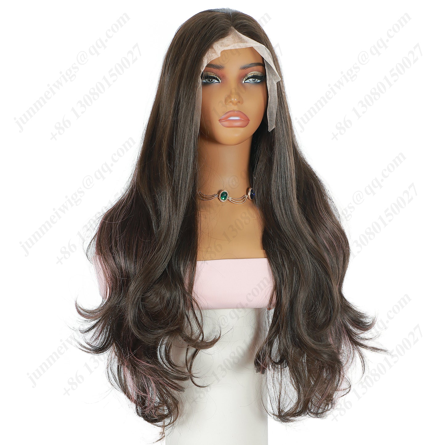 ModeMuse 26 Inch HD Lace Front Synthetic Wig – Long Loose Wave, Middle Part, Dark Brown with Pink Highlights, Natural Hairline for Special Occasions