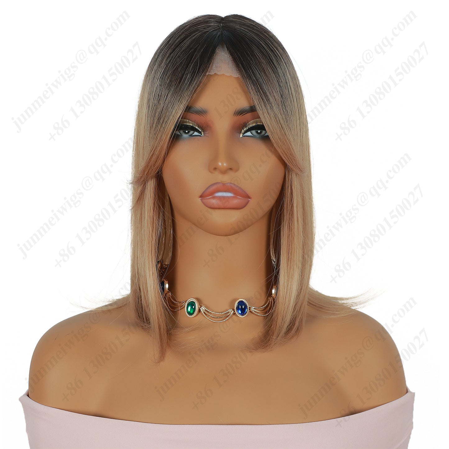 Black and brown gradient, eight-shaped bangs, straight hair, lace hair piece