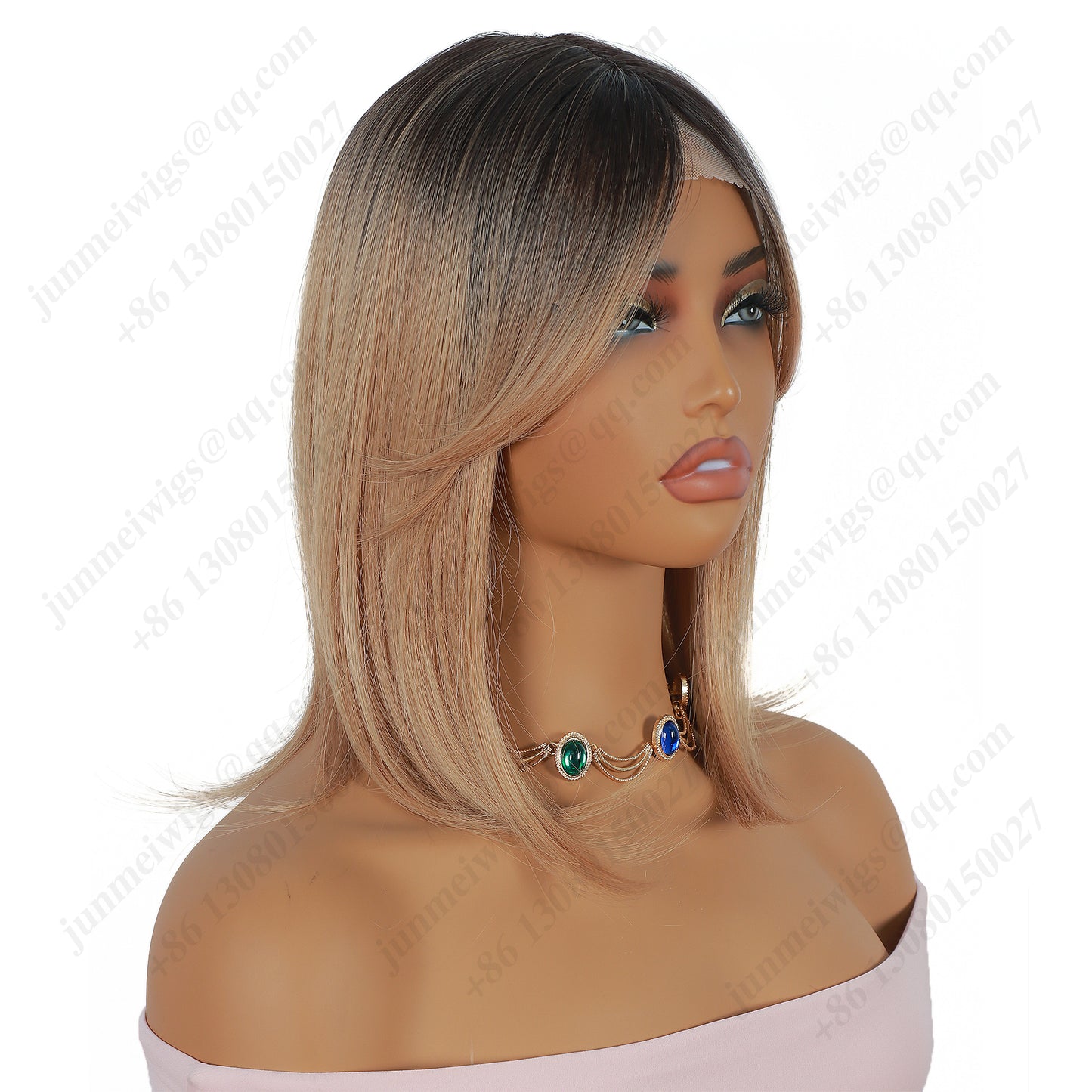 Black and brown gradient, eight-shaped bangs, straight hair, lace hair piece