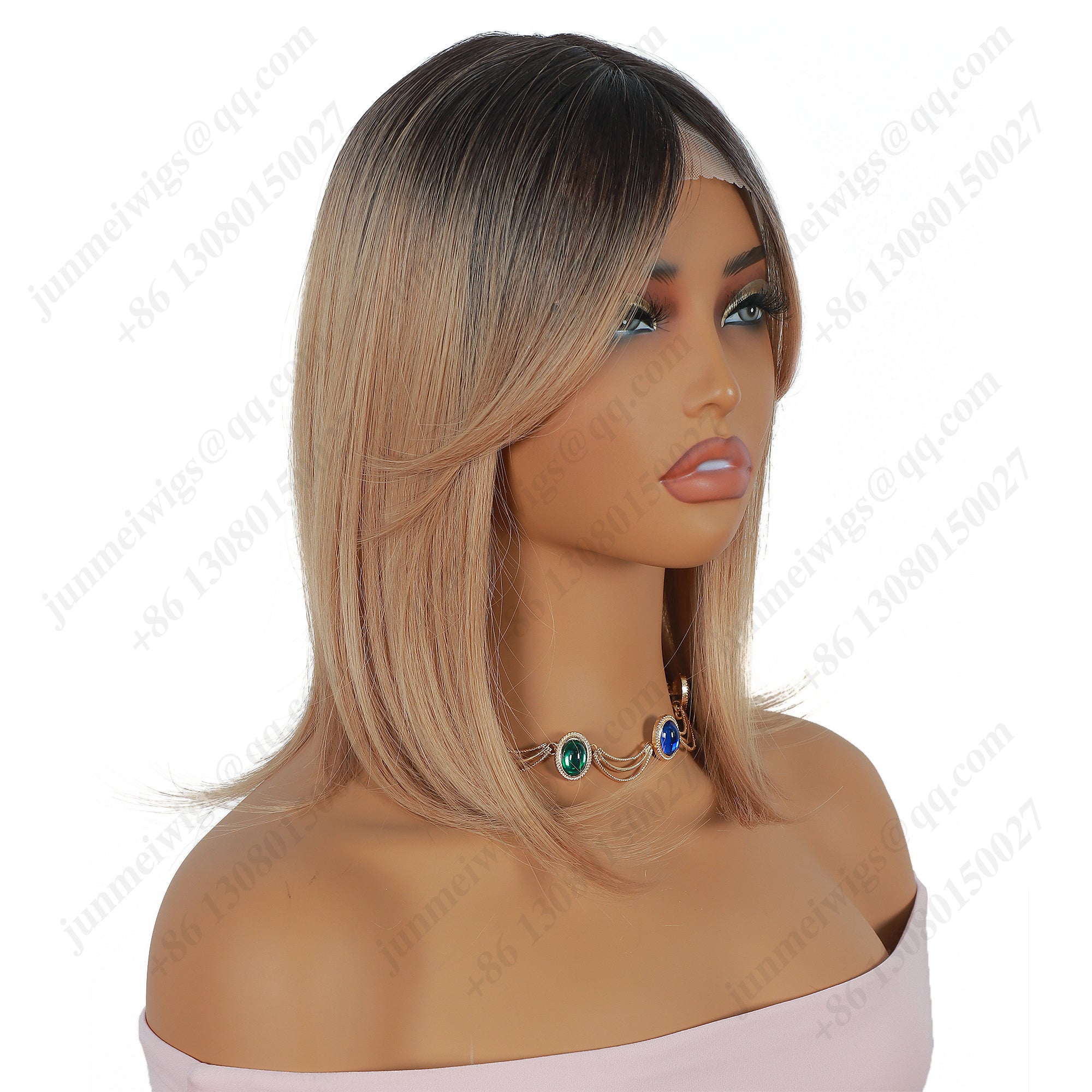 Black and brown gradient, eight-shaped bangs, straight hair, lace hair piece