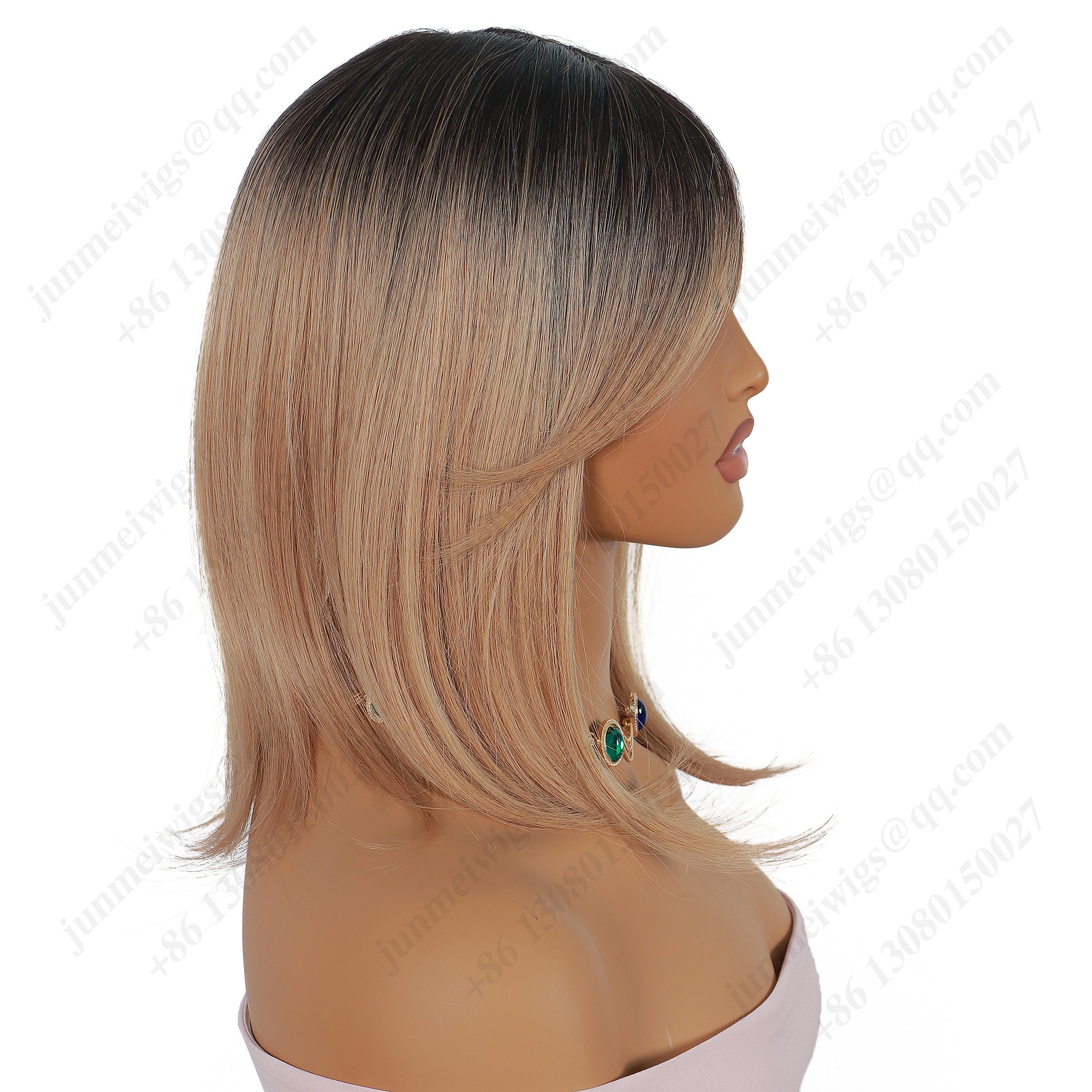 Black and brown gradient, eight-shaped bangs, straight hair, lace hair piece