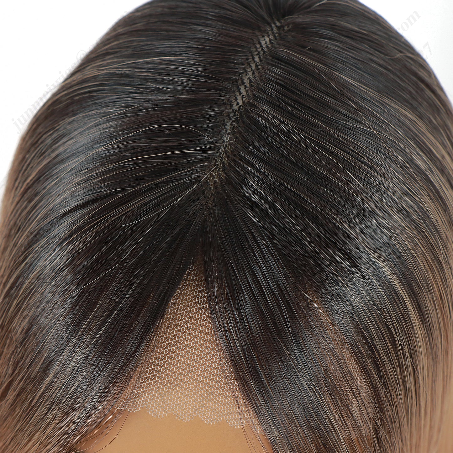 Black and brown gradient, eight-shaped bangs, straight hair, lace hair piece