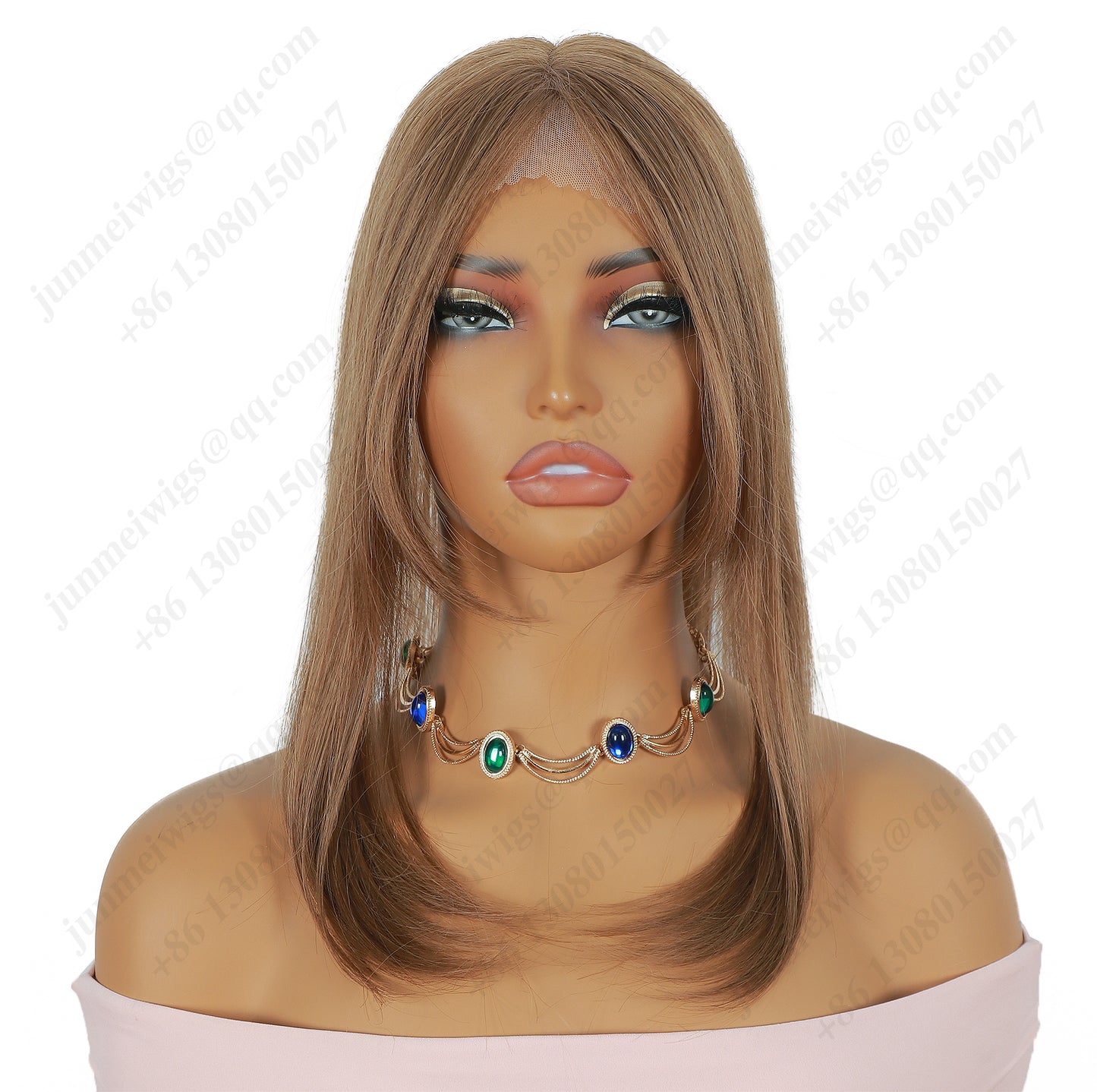 Golden brown color, long bangs, straight hair, lace hair piece