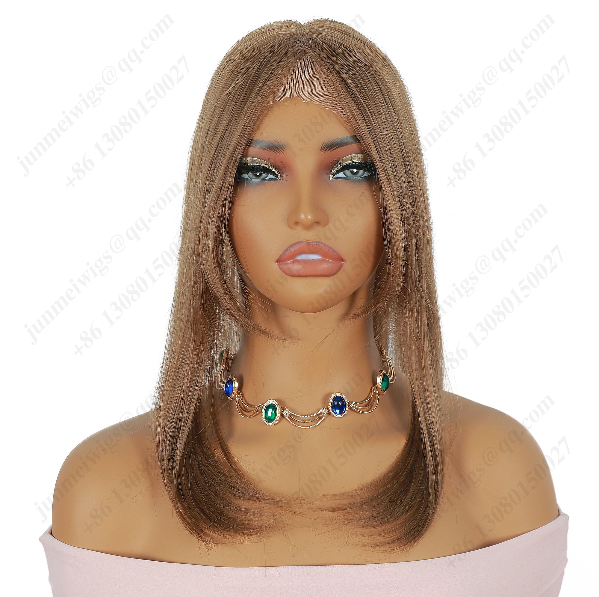 Golden brown color, long bangs, straight hair, lace hair piece
