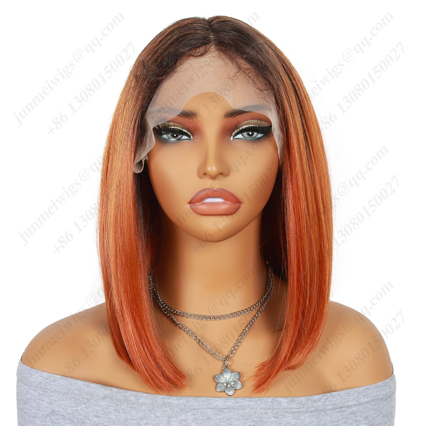 10 Inch T Part Lace Front Wig Long Bob Straight Ombre Black to Orange - Statement Ready