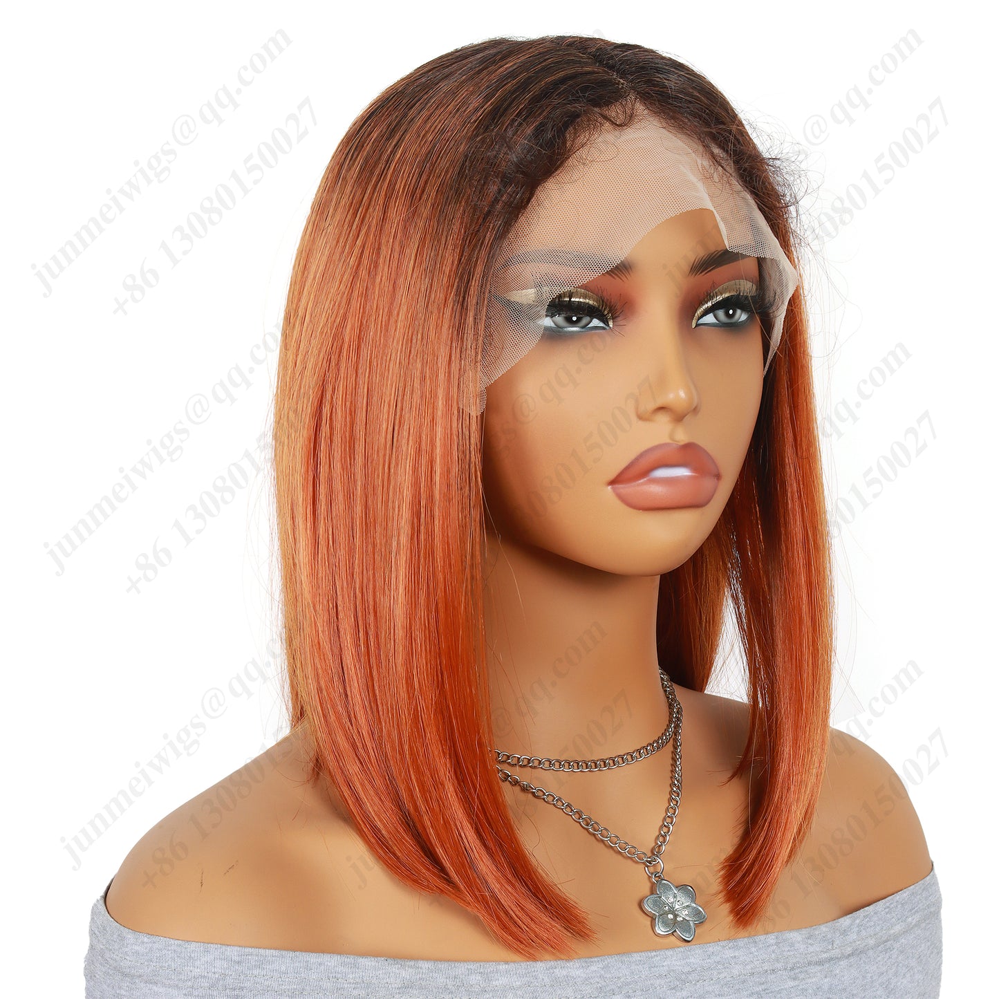 10 Inch T Part Lace Front Wig Long Bob Straight Ombre Black to Orange - Statement Ready
