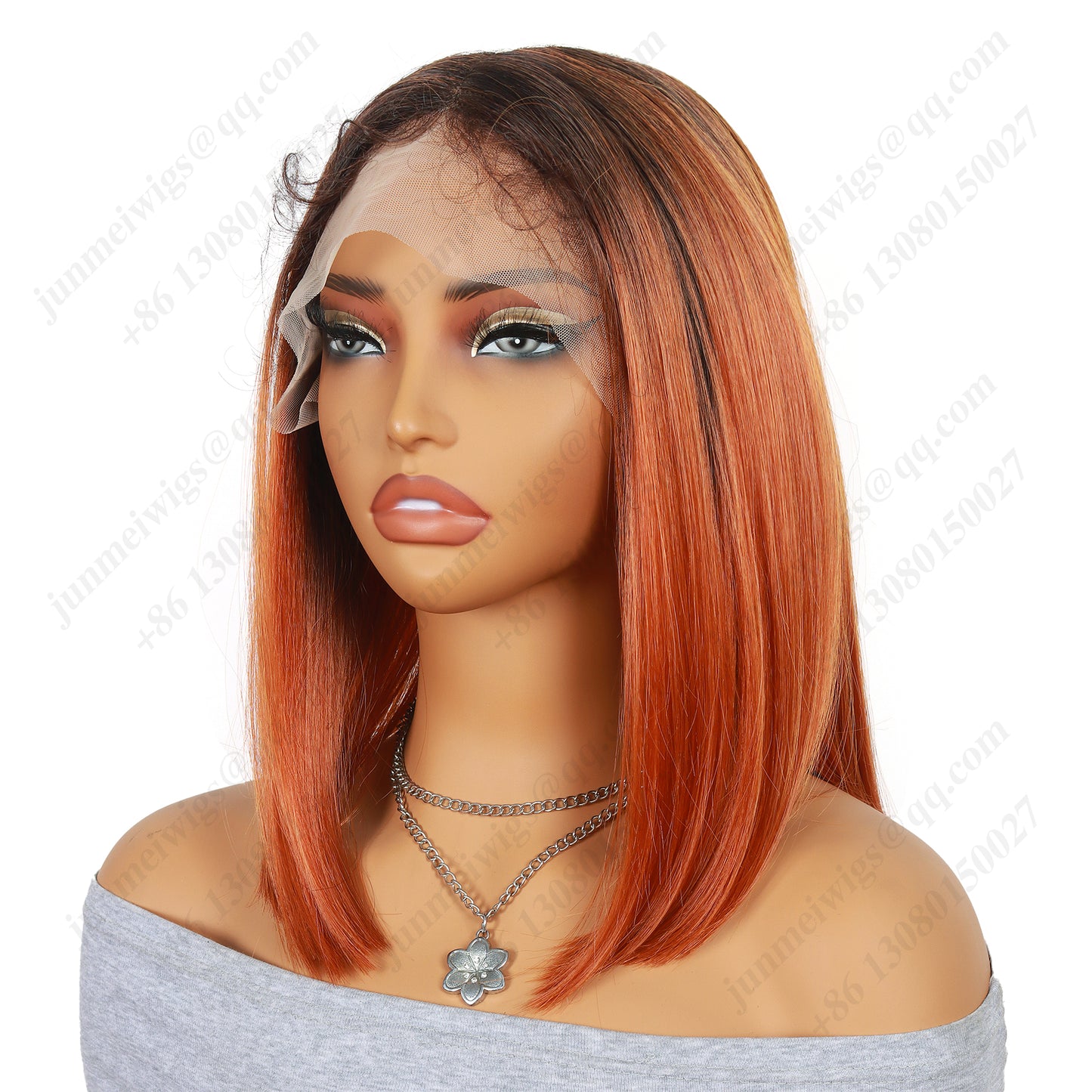 10 Inch T Part Lace Front Wig Long Bob Straight Ombre Black to Orange - Statement Ready