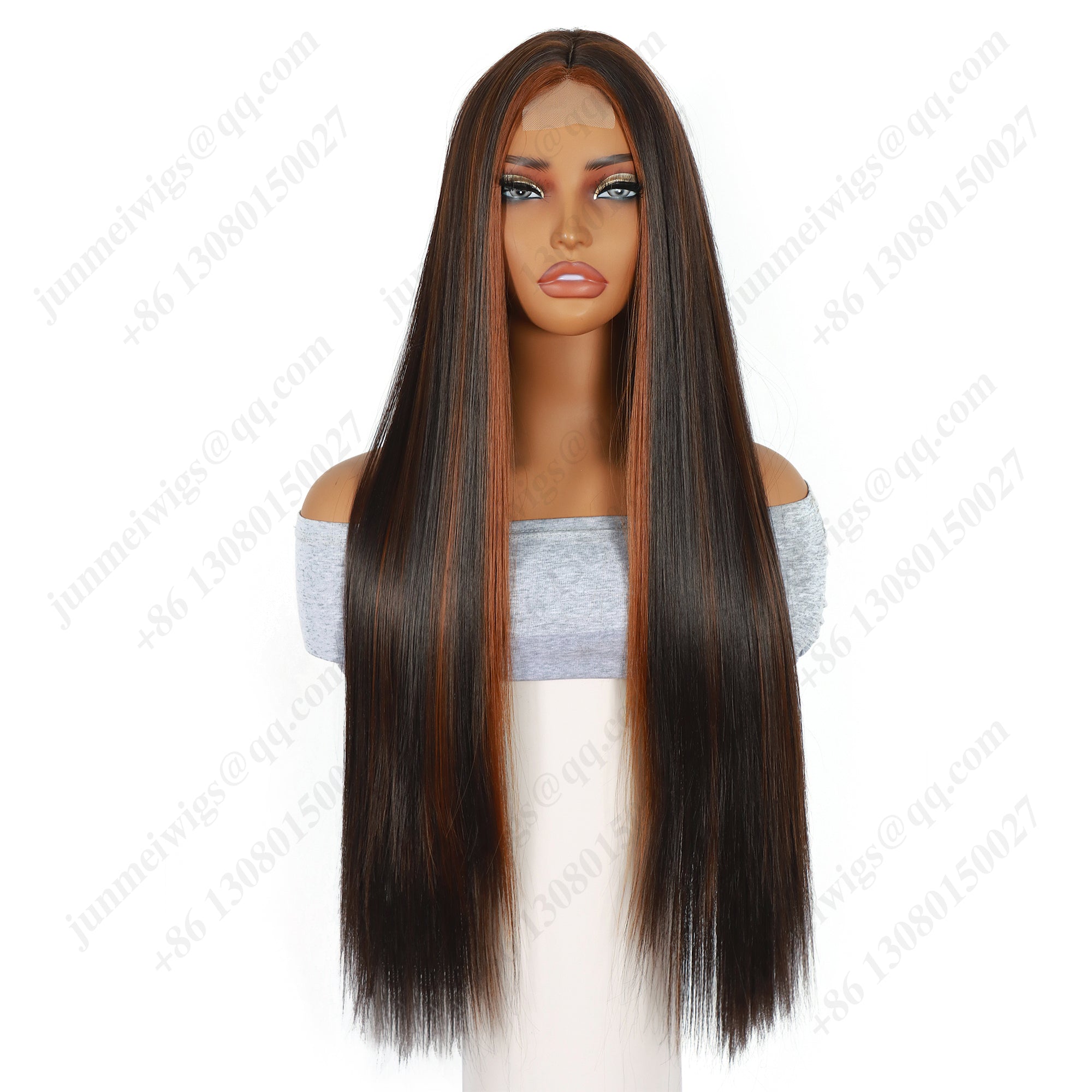 28 Inch T Part Lace Front Wig Straight Black & Brown with Orange Highlights - Statement Ready
