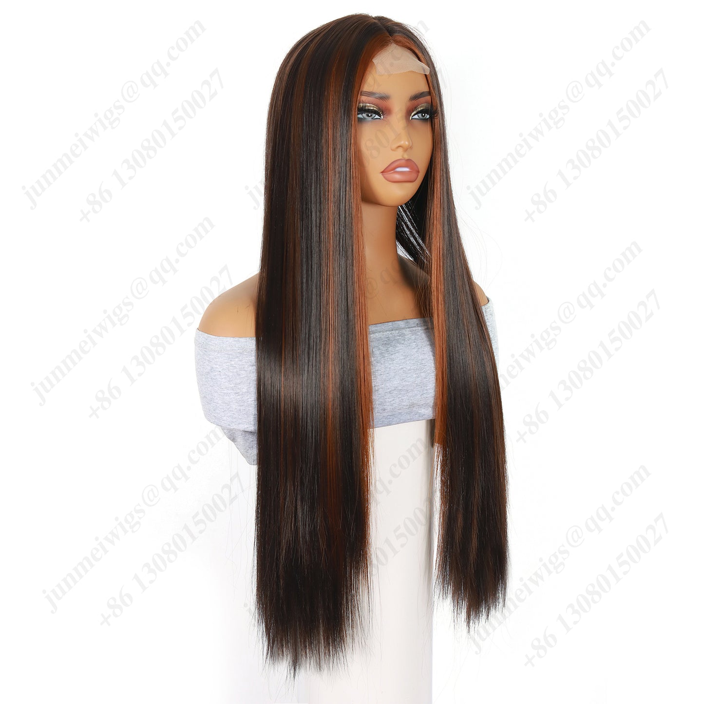 28 Inch T Part Lace Front Wig Straight Black & Brown with Orange Highlights - Statement Ready