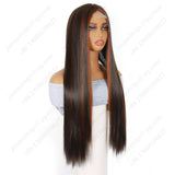 28 Inch T Part Lace Front Wig Straight Black & Brown with Orange Highlights - Statement Ready