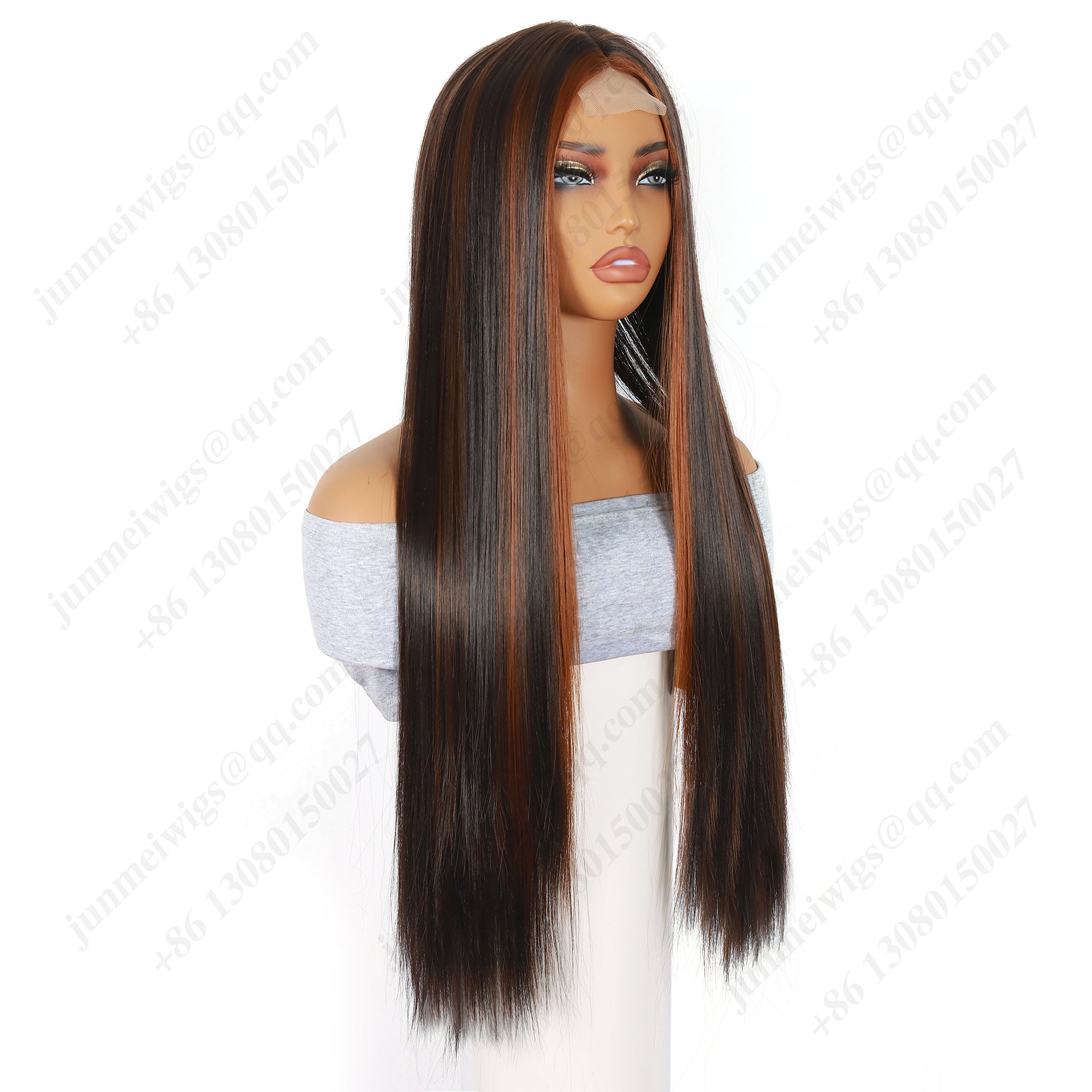 28 Inch T Part Lace Front Wig Straight Black & Brown with Orange Highlights - Statement Ready