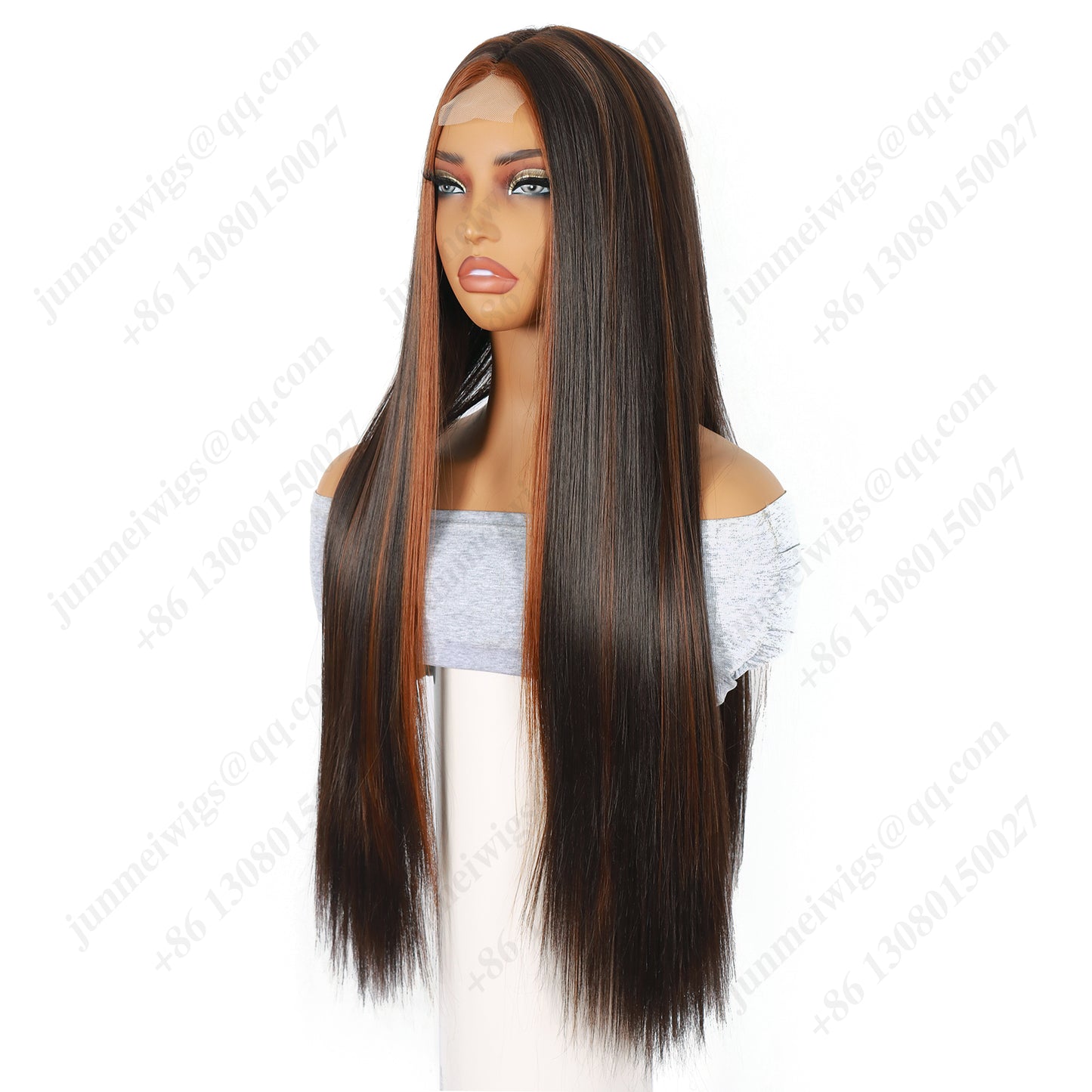 28 Inch T Part Lace Front Wig Straight Black & Brown with Orange Highlights - Statement Ready
